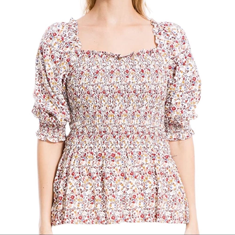 Max Studio Cottagecore Floral Print Rayon Smocked Elbow Sleeve Peasant Top - Picture 1 of 12